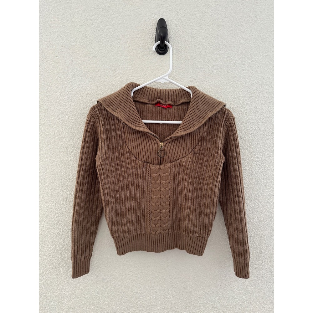 GUESS Brown Cable Knit Sailor Collar Quarter Zip Pullover Sweater Small Y2K